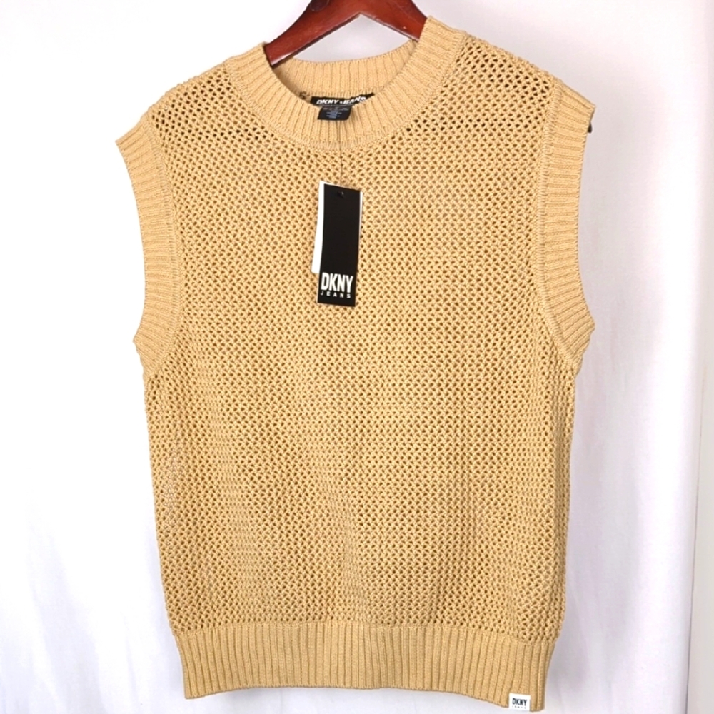 DKNY Golden Tan Mesh Knit Sleeveless Top XL New